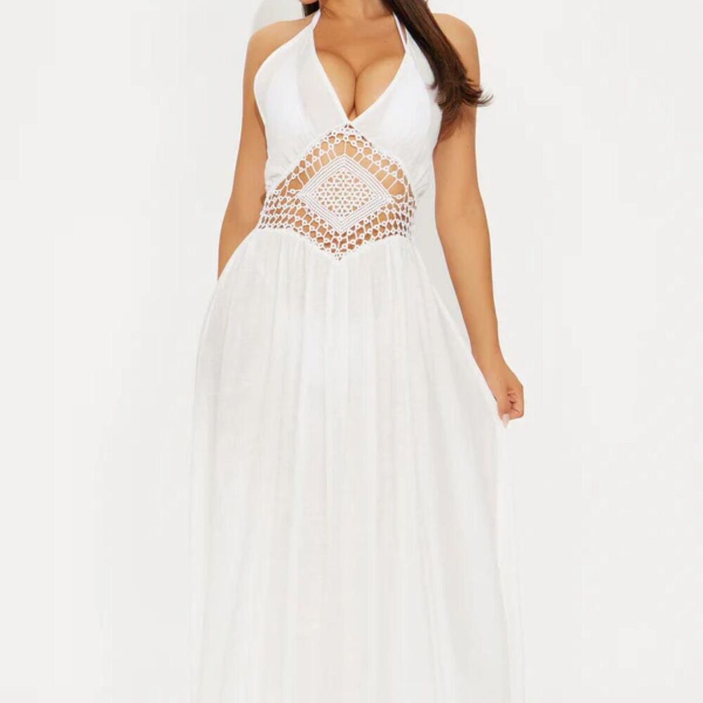 Boho Crochet Sheer Maxi Dress | Island Vacation Linen Cover Up White Beach Dress